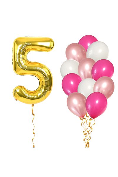 Ropet Set of 13 5th Birthday Balloons, girl, pink/rose gold color, Ropet
