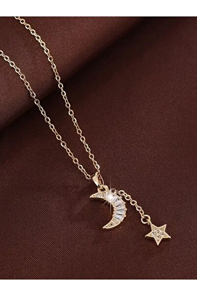 VerdeHome Taşlı Ay Ve Yıldız Figürlü Altın Renk Kadın Kolyesi –anlamlı Hediyelik Kolye – Gökyüzü Temalı