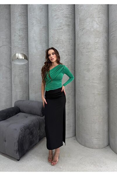 NİCE STYLE Women's Shoulder Detail Crystal Bluz Suit with Skirt