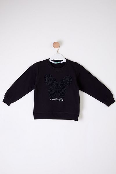 TOFİSA Butterfly Embroidered Black Girl's Sweatshirt - 26106