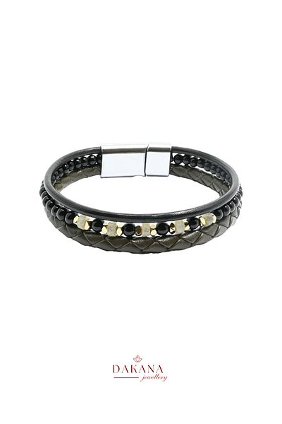 DAKANA JEWELLERY Certified Labradorite Natural Stone Men's Khaki Leather Bracelet