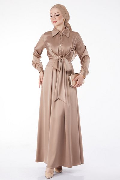 TOFİSA Cross Belt Detailed Evening Dress Mink - 25211