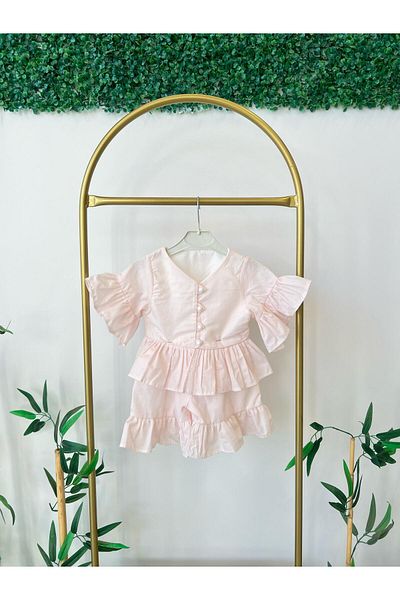 Hobidik Girl's Dusty Pink Pearl Decorated Top and Bottom Set