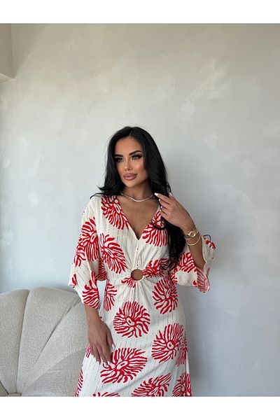 LİLA İSTANBUL Rochie de vară cu decolteu în V, țesătură din viscoză, mânecă liliac, cu model etnic, cu detaliu inel