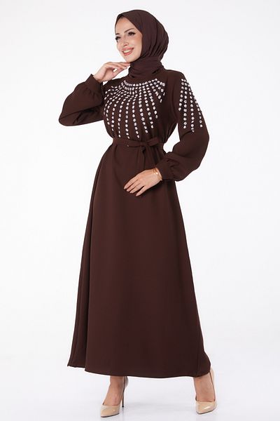 TOFİSA Plain Crew Neck Women's Brown Stone Detailed Dress - 26282