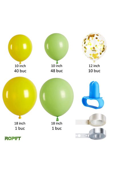Ropet Balloon set for arch arrangements, Yellow/Green, 103 pieces, Ropet