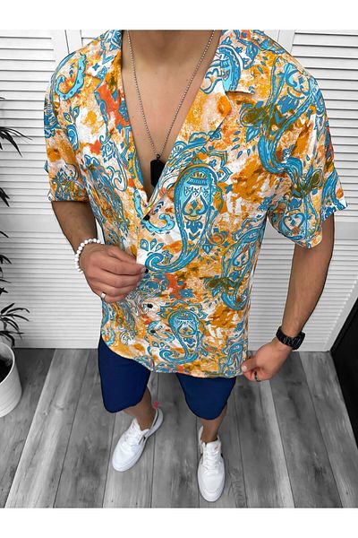 dehaine Men's summer shirt, floral pattern, orange, 13097