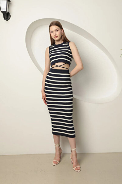 exxitcollection Πλεκτά Υφασμάτινη Ριγέ Δαντέλα Λεπτομερής Γυναικεία Crop Μπλο...