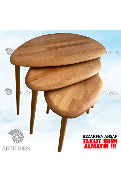 Arte Bien Doğal Ahşap Damla Zigon Sehpa, 3'lü Set Modern Yan Sehpa