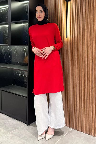 julude Red Women's Crew Neck Side Slit Detailed Hijab Tunic
