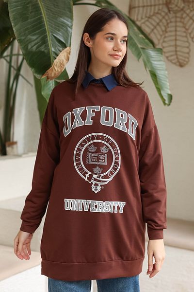 TOFİSA Women's Brown Printed Sweatshirt - Plain Crew Neck - 13281