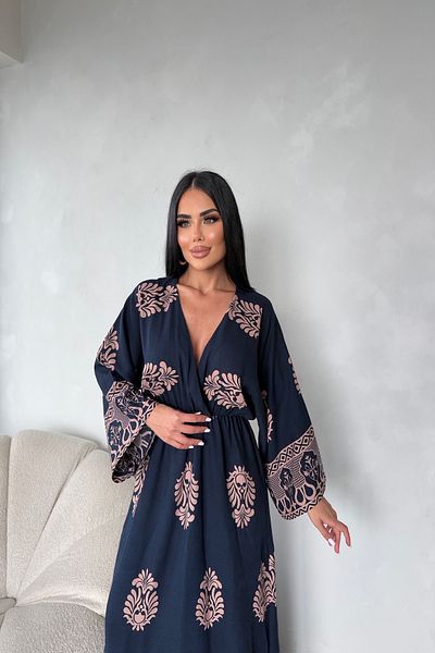 LİLA İSTANBUL Double Breasted Collar Viscose Fabric Ethnic Patterned Bat Sleeve Summer Dress
