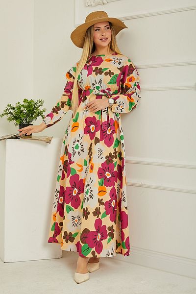 TOFİSA Ecru Print Drawstring Sleeve Dress - 26619