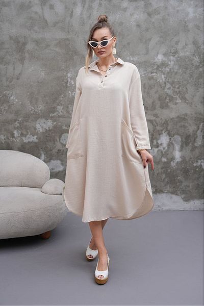 MODAMOR Ecru Button Detailed Loose Women's Tunic Dress