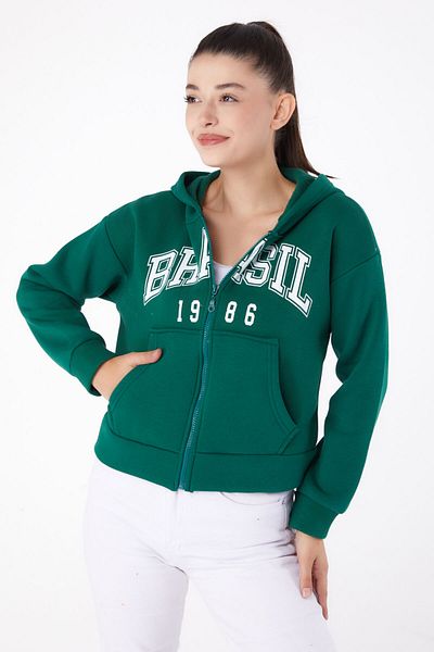 TOFİSA Plain Hooded Collar Women's Green Zippered Crop Sweatshirt - 26278