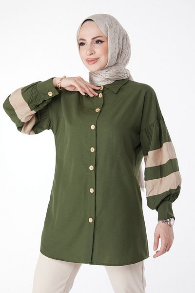TOFİSA Plain Shirt Collar Women's Khaki Balloon Sleeve Garnished Tunic - 13158