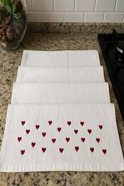 mihriban White Embroidered Heart Cotton Hand - Extra Soft Face Towel 50X90 cm (1 Piece)