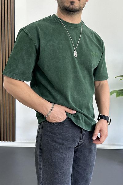 Edwox Tricou pentru bărbați, supradimensionat, cu croială largă, din țesătură spălată, cu logo brodat, verde Edw366