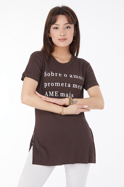 TOFİSA Printed Slit T-Shirt Brown - 24792