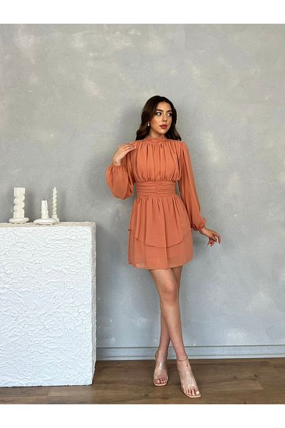 Nesil Gathered Bodice Long Sleeve Mini Chiffon Lined Dress