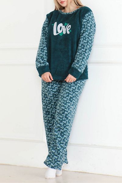 TOFİSA Embroidered Plush Fleece Pajama Set Petrol - 26642