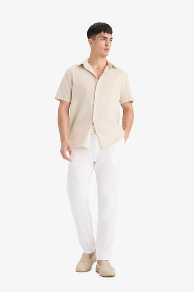 DeFacto 100% Baumwolle Leinen Look Hose Taille Elastisch Slim Fit Slim Fit Taschen Gerade Bein D2671ax25sm