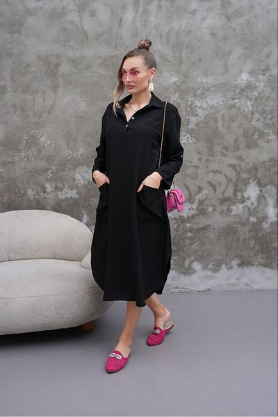 MODAMOR Black Button Detailed Loose Women's Tunic Dress