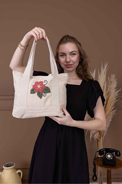 OKTAYUSTA COLLECTİON Punch Işlemeli Desenli Plaj Çantası,omuz Çantası, Çıtçıtlı Kanvas Omuz Çantası
