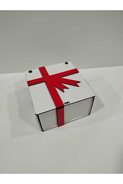 Vuslat Hediyelik Beyaz Ahşap Hediye Kutusu (15x15 cm) Yükseklik 9cm Dekor Kırmızı