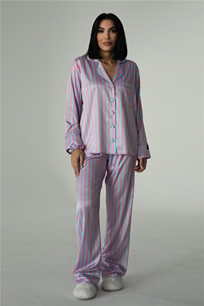 COCCOLARSI Strisce Fucsia Azzurro Saten Uzun Pijama Takımı (Geniş Beden Aralığı)