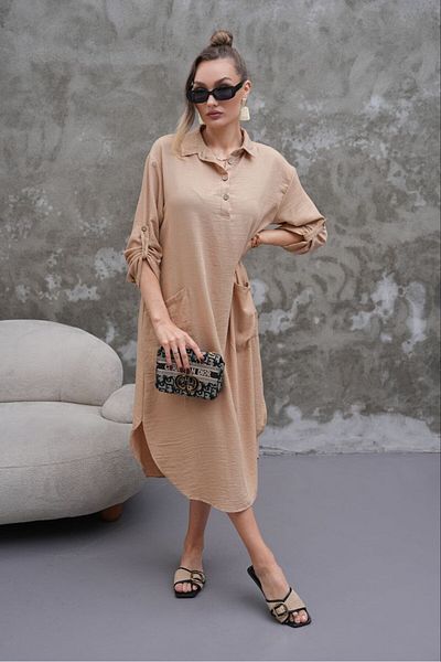 MODAMOR Beige Button Detailed Loose Women's Tunic Dress