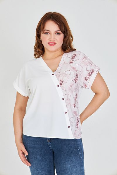 UNIQUE LADY Women S V-Neck Asymmetrical Print Blouse with Ornamental Button Detail - for Casual and Stylish Combinations