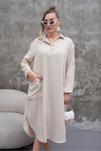MODAMOR Ecru Button Detailed Loose Women's Tunic Dress