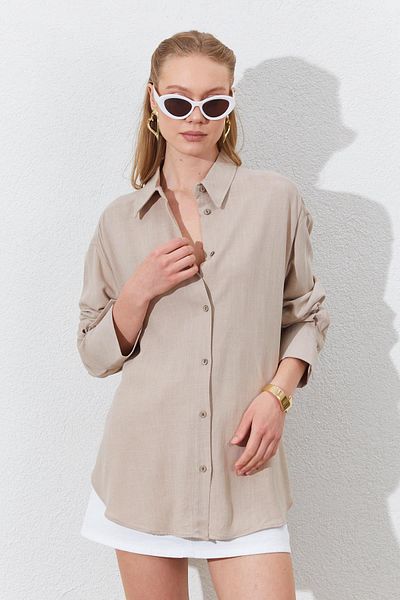 TENA Cămașă de in oversize bej închis pentru femei