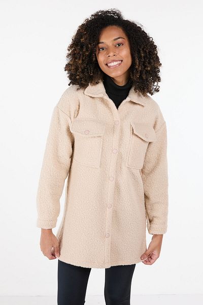 TOFİSA Beige Stamp Coat - Plain Shirt Collar, Women's - 23436