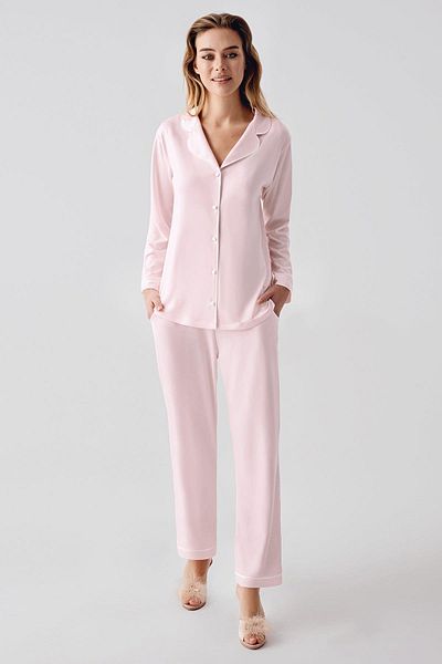 gd goldoremi 1035 Women's Combed Cotton Shirt Collar Front Buttoned Nightgown Long Sleeve Pajama Set