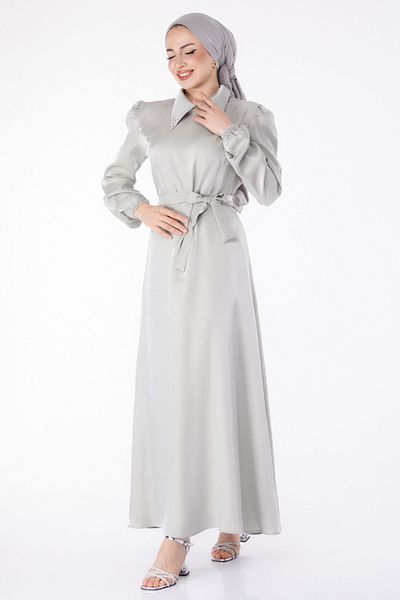 TOFİSA Green Belted Plain Shirt Collar Women's Dress - 25406