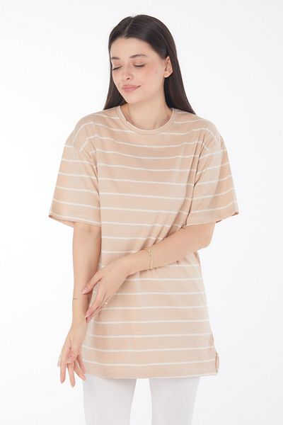 TOFİSA Striped Short Sleeve T-Shirt Mink - 25764