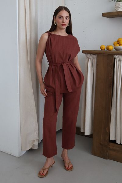 Laluvia Tile Shoulder Twist Detailliertes Blusen-Hosen-Set – 8644