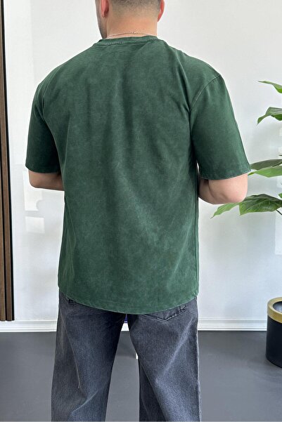 Edwox Ανδρικό μπλουζάκι με λογότυπο με κέντημα από υφασμάτινο πλυμένο μεγάλου μεγέθους πράσινο Edw366