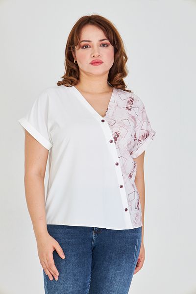 UNIQUE LADY Women S V-Neck Asymmetrical Print Blouse with Ornamental Button Detail - for Casual and Stylish Combinations