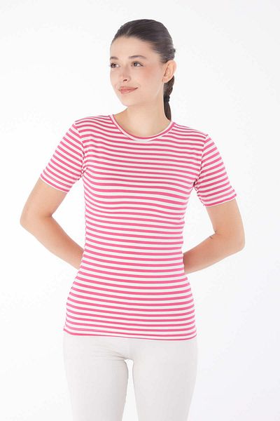 TOFİSA Striped Short Sleeve T-Shirt Fuchsia - 25761