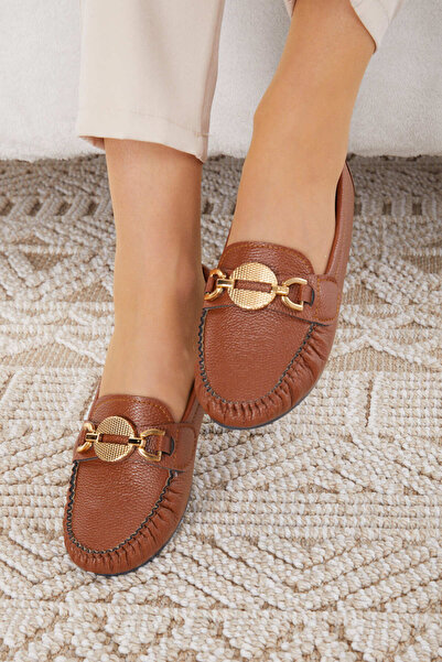 TOFİSA Women's Brown Buckle Lightweight Comfortable Sole Ballerinas - 24579