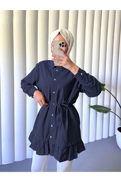 Modamorfo Tiered Hem Ruffled Buttoned Poplin Shirt Tunic