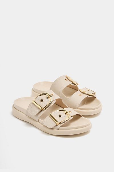 Madamra Cream Women's Double Buckle Stylish Daily Slippers