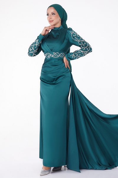 TOFİSA Stoned Princess Evening Dress Emerald - 26253