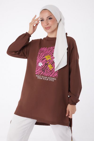 TOFİSA Brown Plain Crew Neck Women's Tunic - 10812