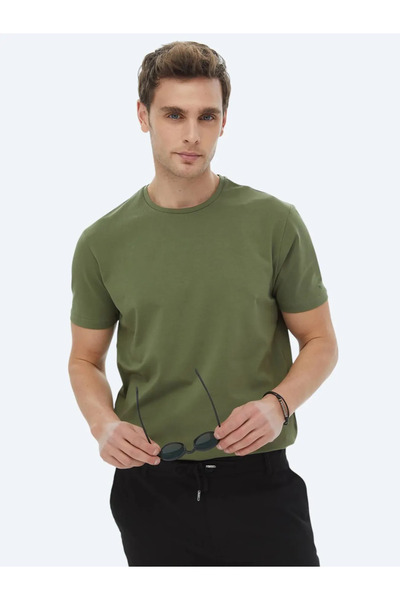 Kip تي شيرت كاكي سادة بياقة دائرية من القطن المخلوط