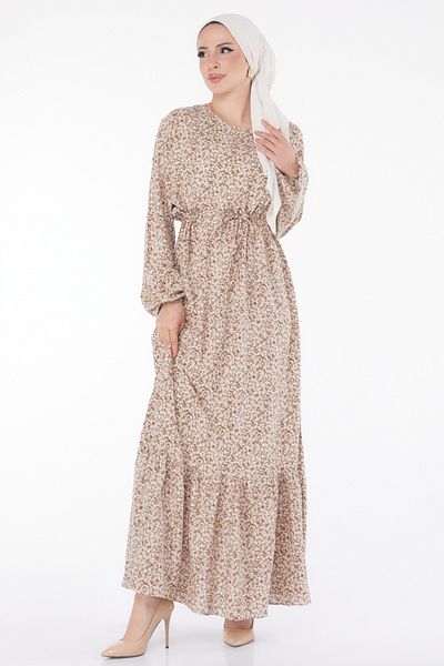 TOFİSA Floral Patterned Dress Beige - 25408