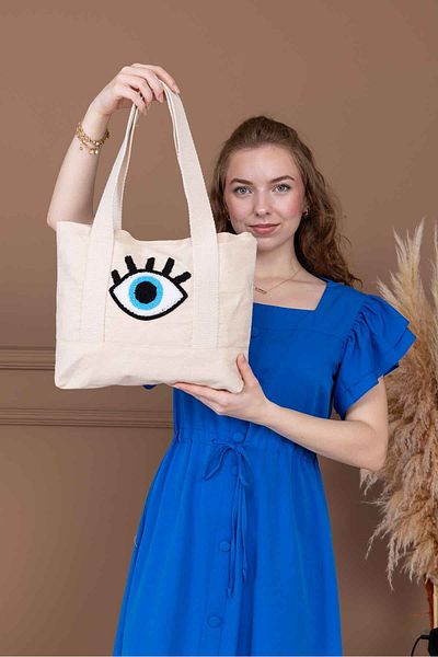 OKTAYUSTA COLLECTİON Punch Embroidered Patterned Beach Bag, Shoulder Bag, Canvas Shoulder Bag with Snap Fasteners